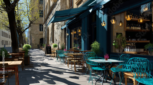 City street with cafe exterior with tables and chairs on terrace outdoor. Town building with restaurant, coffee shop or cafeteria facade, vector cartoon illustration