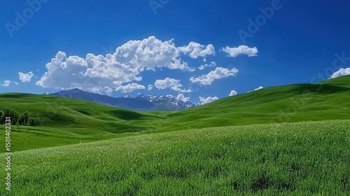 Serene Green Hills Landscape with Majestic Snowy Mountains under a Blue Sky