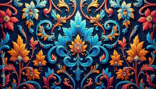 Intricate arabesque damask, repeating swirls and leaves, ornate, floral, luxury