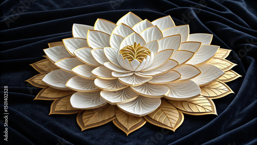Delicate White and Gold Lotus Flower Decoration on Blue Velvet