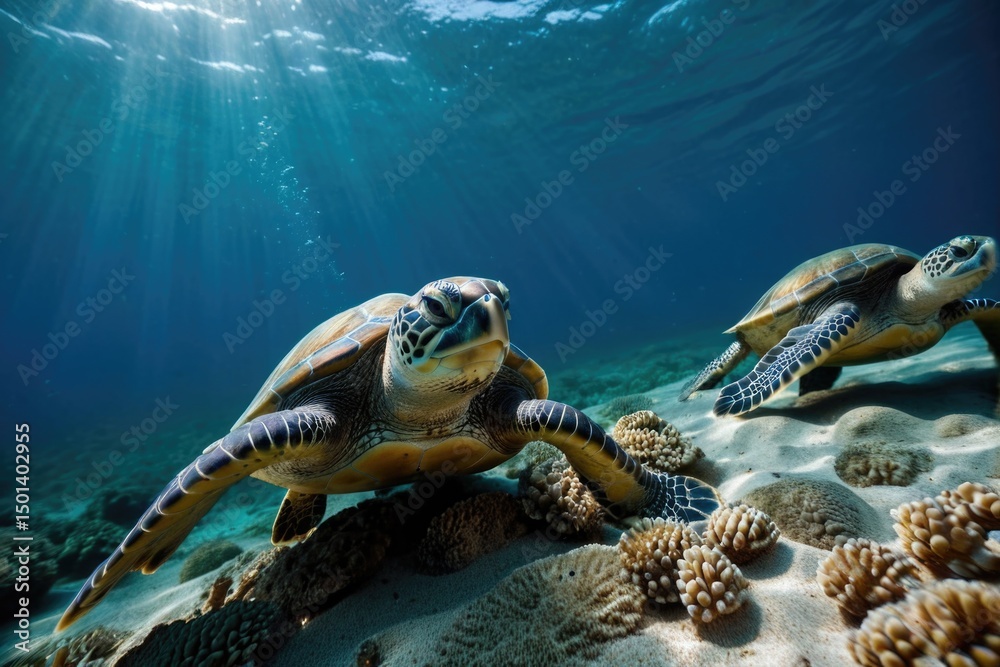 Obraz premium Two green sea turtles swimming in the ocean