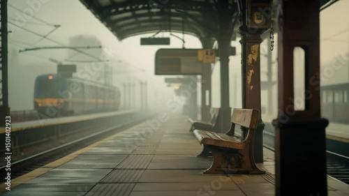 Vintage Train Station in Morning Fog with Empty Benches