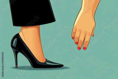 Elegant high heel shoe with manicured hand reaching for the shoe on a smooth teal background suggesting fashion and elegance in modern lifestyle