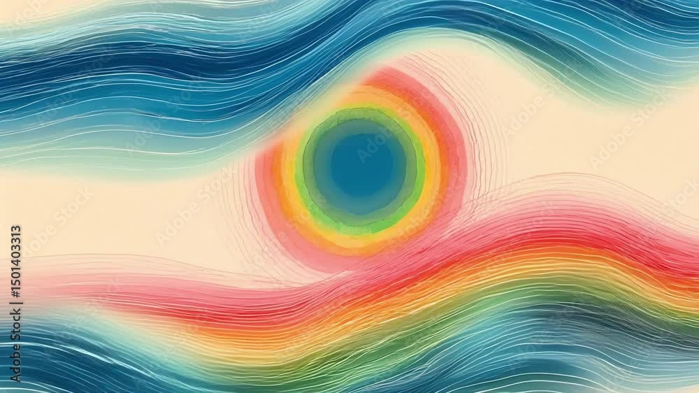 Minimalist watercolor illustration of Wavy rainbow light spectrum on soft abstract background
