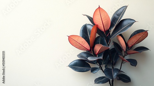 Moody modern still life of burgundy-leaf rubber plant against minimalist white wall  