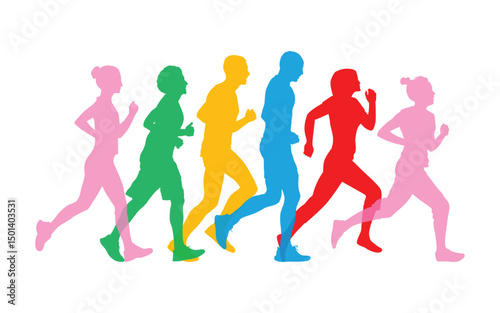 Walking marathon, people run, colorful poster. Vector illustration background silhouette