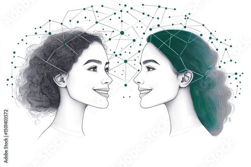 Two Women Engaged in Conversation with Abstract Network Elements Representing Connection and Communication
