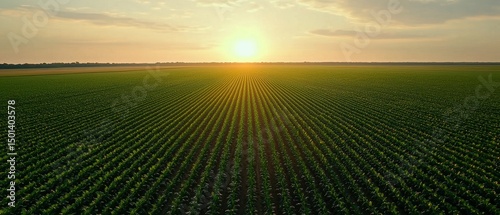 Green crop field during golden sunset