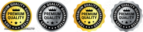 Four premium quality badges in gold, black, silver, and metallic colors with crown and stars	
