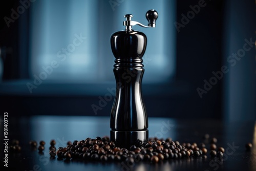 A close-up shot of a pepper mill sitting on a table, ready for use in cooking
