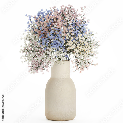 3D illustration Floral white bouquet of dried flowers with branches of Gypsophila isolated on white background