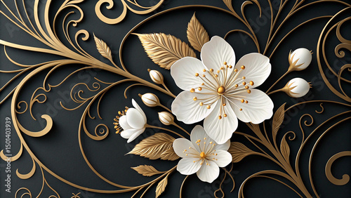 Floral Pattern Golden Flourishes on Dark Background An Elegant Design