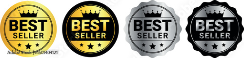 Four round best seller badges in gold, black, silver, and dark gray with stars and crown icon	