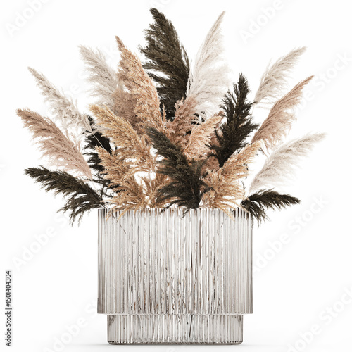 3D illustration Floral white bouquet of dried flowers with branches of cortaderia pampas