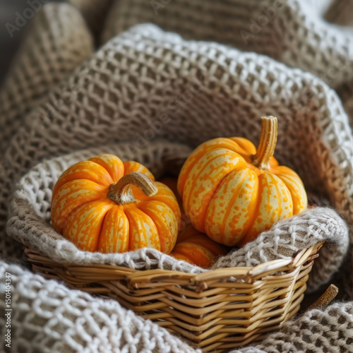 Wallpaper Mural mini pumpkins in basket with cozy blanket, natural light  Torontodigital.ca