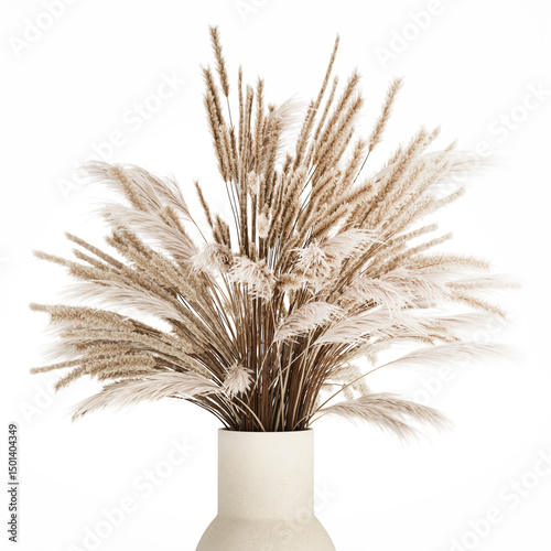 3D illustration Floral white bouquet of dried flowers with branches of cortaderia pampas