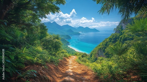 Mountain hiking path through tropical forest with ocean horizon, adventure vacation destination 