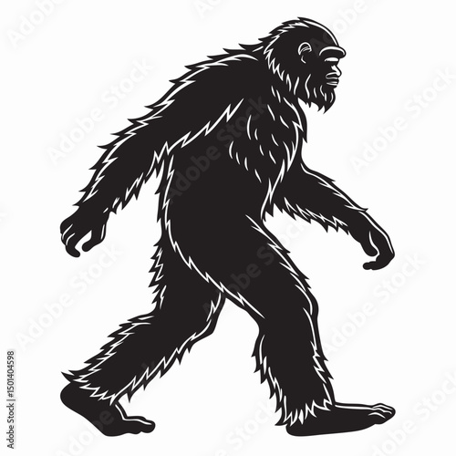 Silhouette illustration of walking bigfoot or sasquatch creature isolated on white