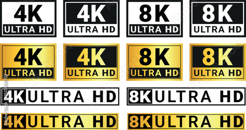 collection of 4k and 8k ultra hd labels in black white and gold used for screen resolution and display quality	