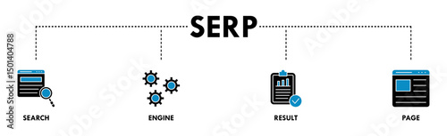 SERP banner web icon vector illustration concept for search engine result page with icon of web search, computer, search engine, mobile search, page result, and statistics graph