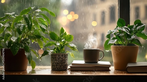 Rainy day windowsill plants and hot drink