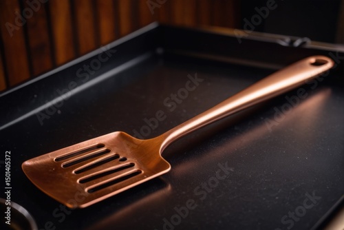 A wooden spatula resting on the rim of a pan, ready for use in cooking or baking