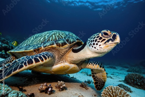 A turtle swims in the ocean near coral reefs, a great shot for underwater or conservation-themed projects