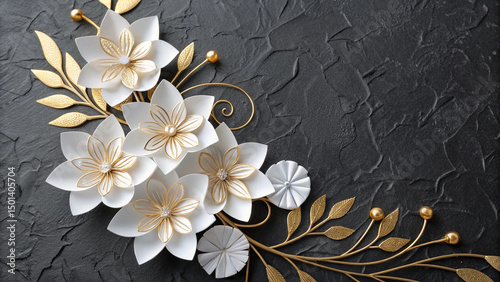 Elegant White and Gold Floral Design on Dark Backdrop