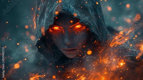 Mysterious hooded anime-style character with glowing orange eyes and magical embers floating around 