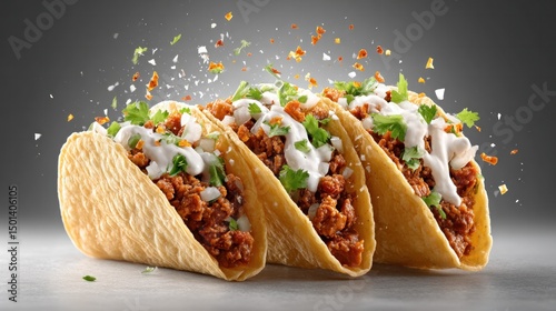 Dynamic explosion of tacos with mid-air scattered filling for culinary promotion and mexican cuisine design