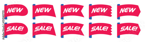 Red new and sale sticker set. Promotional tags and labels for shopping and discounts