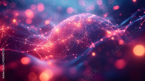 Neural network visualization in cyber style with glowing polygonal brain shape  