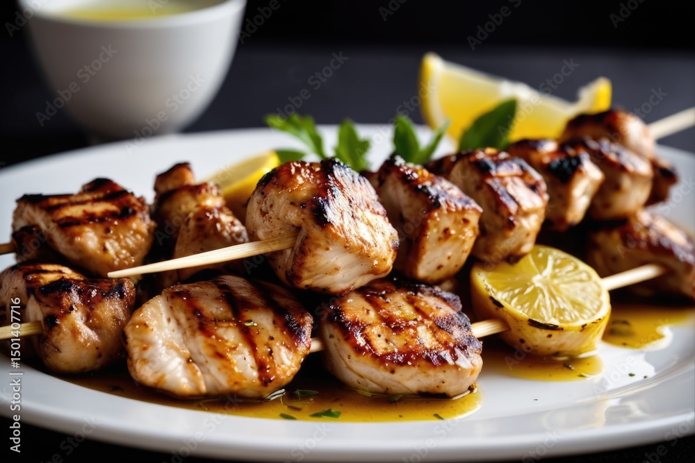 Freshly cooked chicken skewers served on a clean white plate with citrusy lemon wedges Freshly cooked chicken skewers served on a clean white plate with citrusy lemon wedges