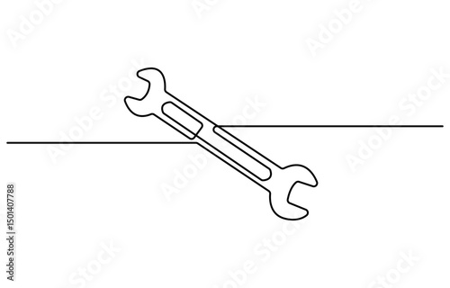One mechanical wrench for nuts drawn in one continuous line black color isolated on white background. Style of self drawing, Adjustable wrench continuous single line drawing vector illustration, pro.