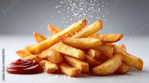 Crispy french fries mid-air fall with splash of salt and ketchup for snack and culinary design