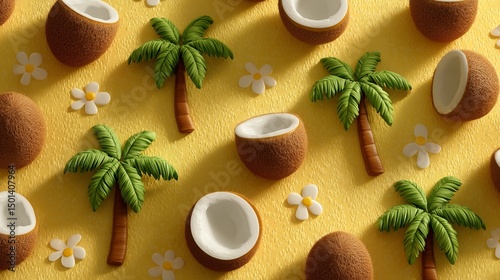 Wallpaper Mural Colorful coconuts and palm trees on a bright yellow background. 3D seamless wallpaper. Torontodigital.ca