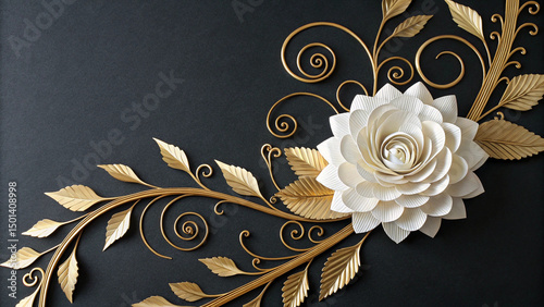 Golden leaves and white flower on black background decor