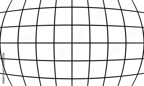 Abstract spherical grid of black lines on white, distorted perspective with elongated squares radiating symmetrically from the center. Geometric, minimalistic monochrome design, no shading.