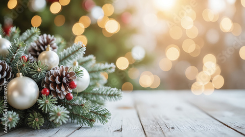 Festive Holiday Wreath - Evergreen Branches with Silver Ornaments and Pine Cones for Christmas Shopping Deals, Winter Discounts, and Holiday Marketing