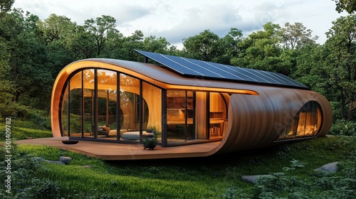 Curved wooden eco-home with solar panels, nestled in a forest