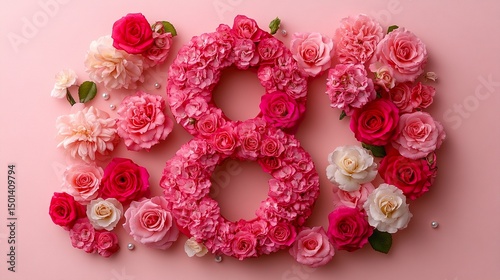 Number 8 made of pink and red roses with pearl accents on pastel pink background for Women's Day celebration 