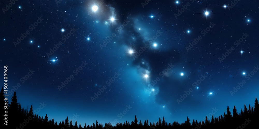 Naklejka premium Deep Blue Gradient Night Sky Filled with Twinkling Stars and Dark Trees