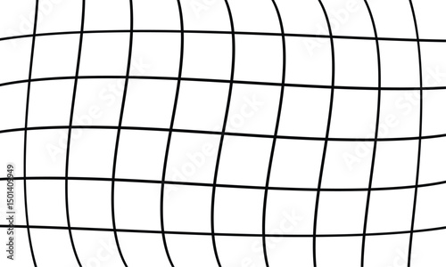 Abstract black and white grid pattern with wavy, undulating lines forming squares of varying sizes. Minimalist design, flat orthogonal perspective, overhead view, no background.