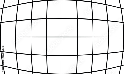 Abstract spherical grid of black lines on white, distorted perspective with elongated squares radiating symmetrically from the center. Geometric, minimalistic monochrome design, no shading.