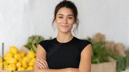 A confident woman standing in a market with fresh produce. Her warm smile and posture convey a sense of approachability and enthusiasm for healthy living and community engagement.