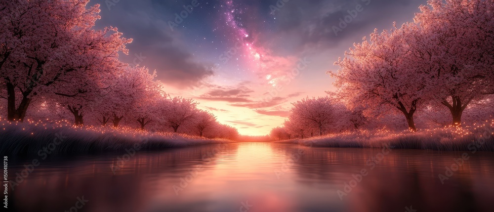 Obraz premium Cherry blossoms over a serene river