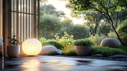 Outdoor terrace scene with potted greenery, white lantern, and minimalist greenhouse box 