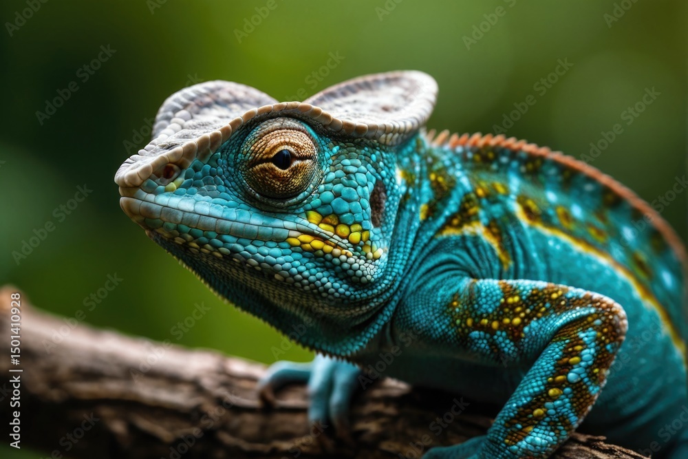 Obraz premium A blue and yellow chameleon perched on a branch, showcasing its vibrant colors