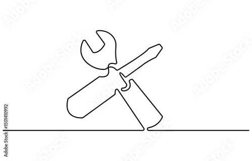 One mechanical wrench for nuts drawn in one continuous line black color isolated on white background. Style of self drawing, Adjustable wrench continuous single line drawing vector illustration, pro.