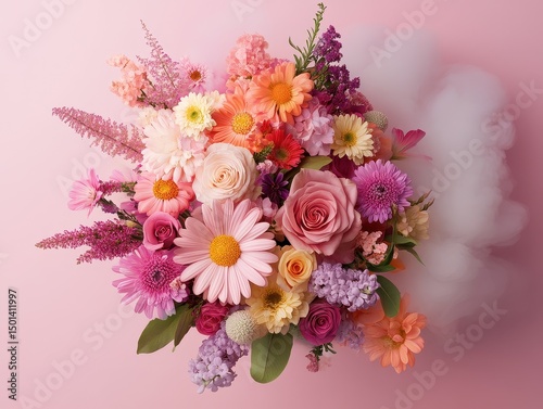 Floral arrangement on pink backdrop